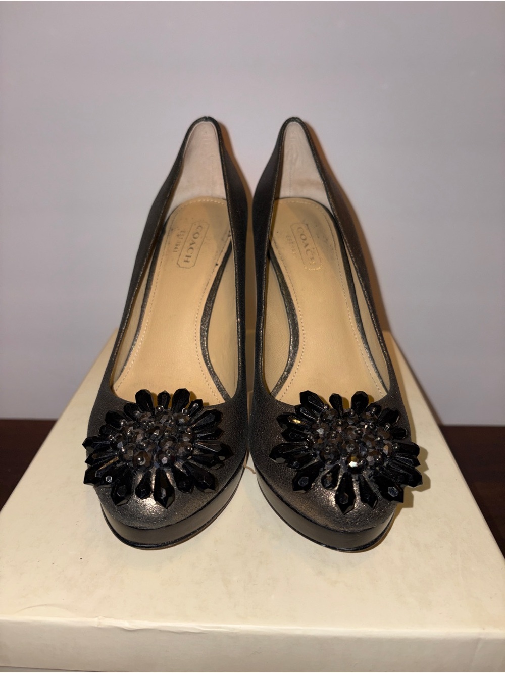 Coach Black Jeweled Floral-Embellished Pumps